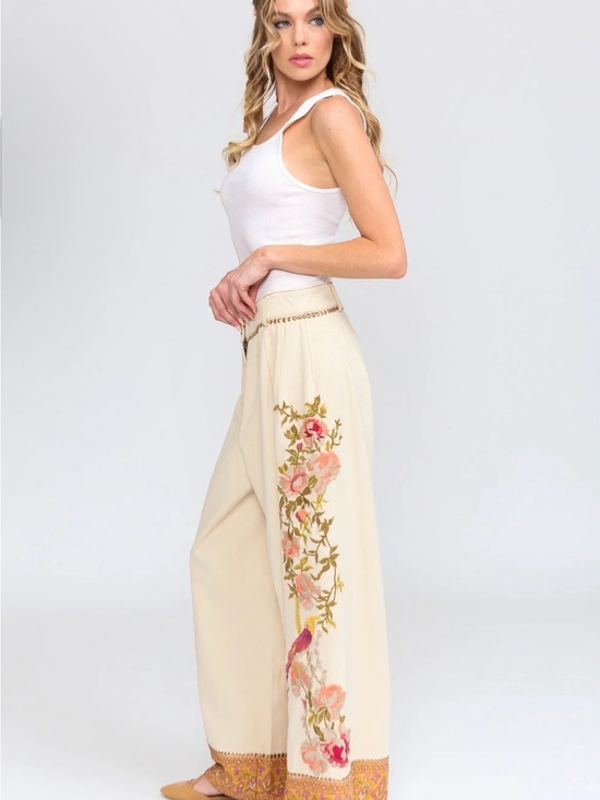 Anthropologie Pants - Time To Shine Embroidered Cream Wide-Leg Pants with Floral Trim by Aratta, NWT